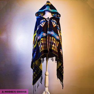 SOUTHWEST ARIZONA AZTEC KNIT HOODED PONCHO MULTI COLORED  - ONE SIZE FITS MOST